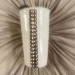 🎀 Starbucks 2014 White Ceramic Silver Studded Travel Tumbler Coffee Mug 10oz